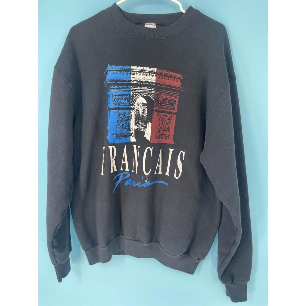 VINTAGE Francais Paris Graphic Crewneck  Men XL Black USA 90s‎ Single Stitch
